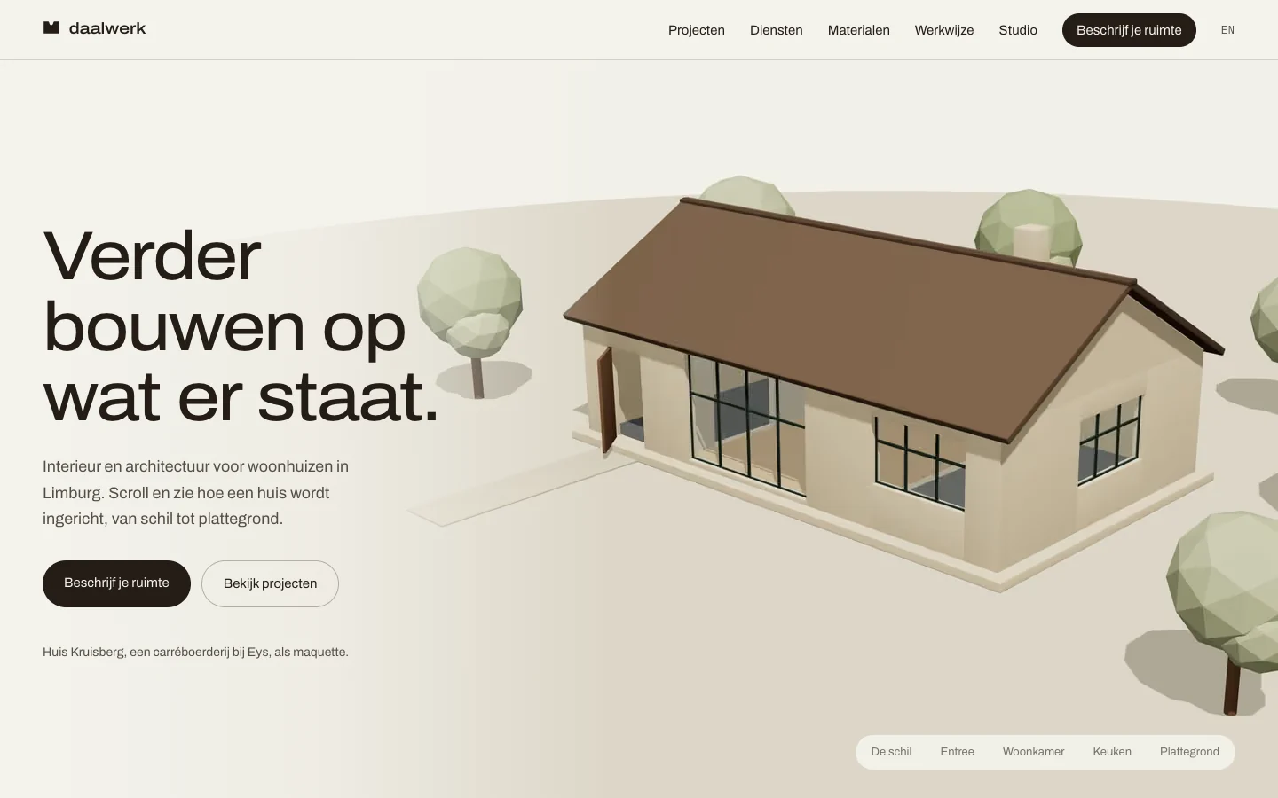 De homepage van Daalwerk: een maquette van een carréboerderij naast de kop 'Verder bouwen op wat er staat'