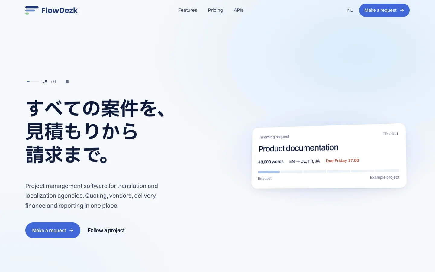De homepage van FlowDezk met de kop in het Japans: alle projecten, van offerte tot factuur