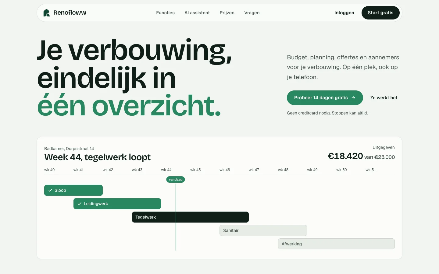 De homepage van Renofloww: de kop 'Je verbouwing, eindelijk in één overzicht' boven een weekplanning van een badkamer