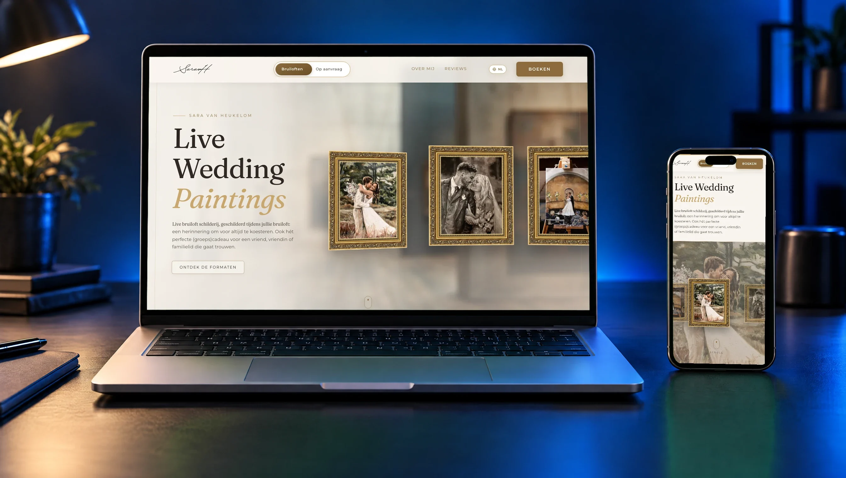 Laptop and phone showing the Live Wedding Paintings website: paintings in gold frames on a warm, light background