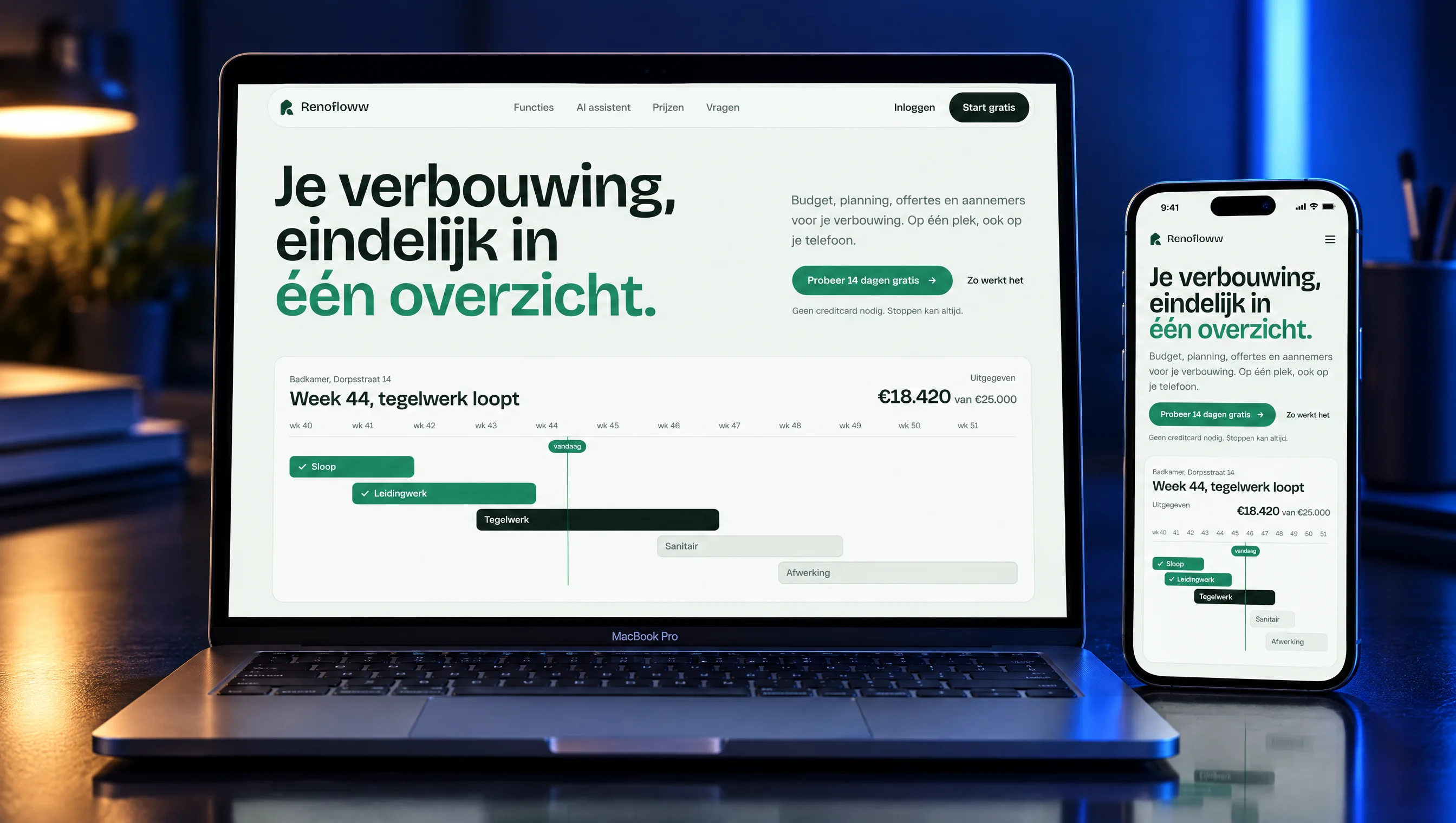 Laptop and phone showing Renofloww: the headline 'Je verbouwing, eindelijk in één overzicht' above a week-by-week bathroom schedule