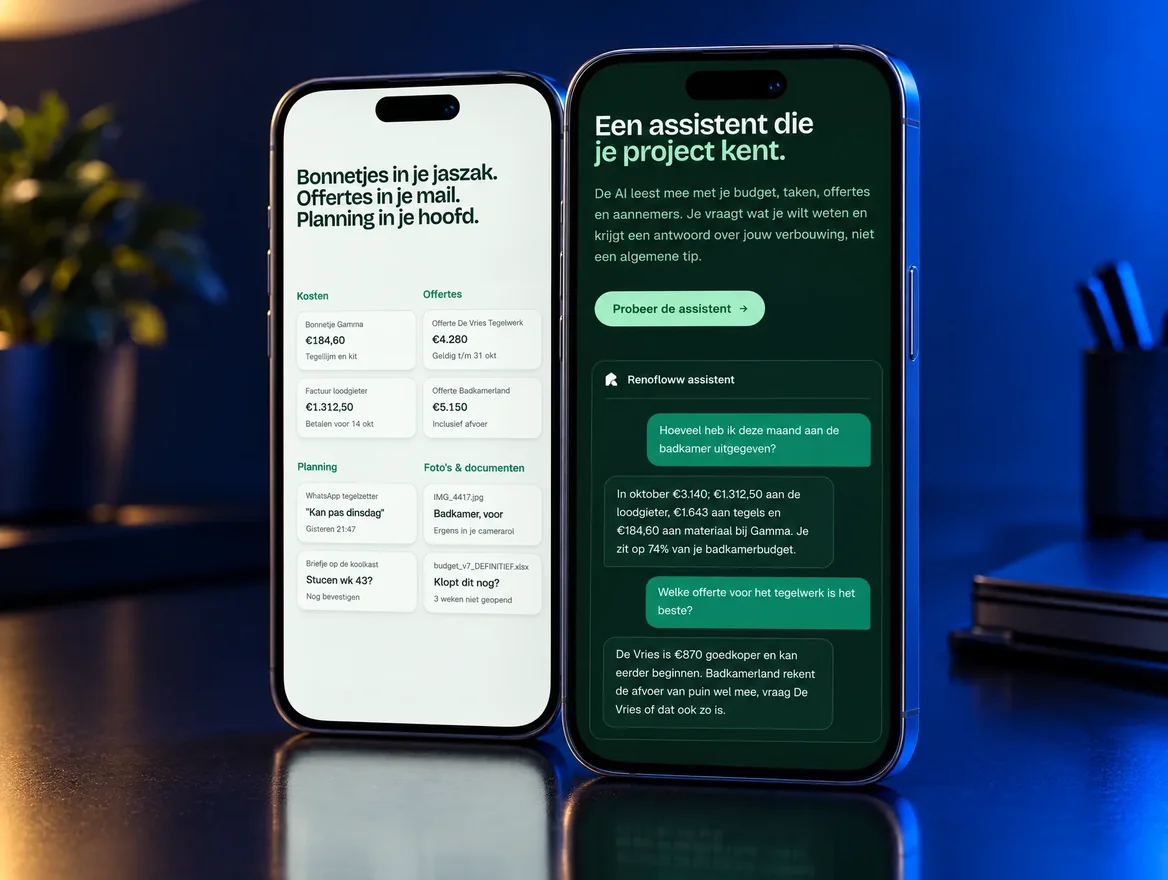 Two phones showing Renofloww: on the left the overview of costs and quotes, on the right the assistant answering a question about the budget