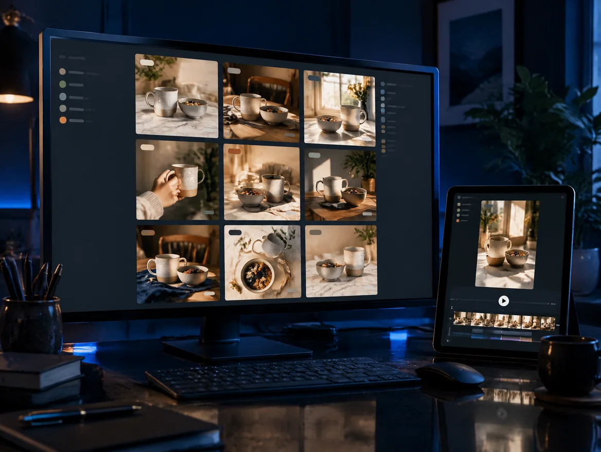 A screen with nine photos of the same mug and bowl in one consistent style, and a tablet with a vertical story and a video timeline