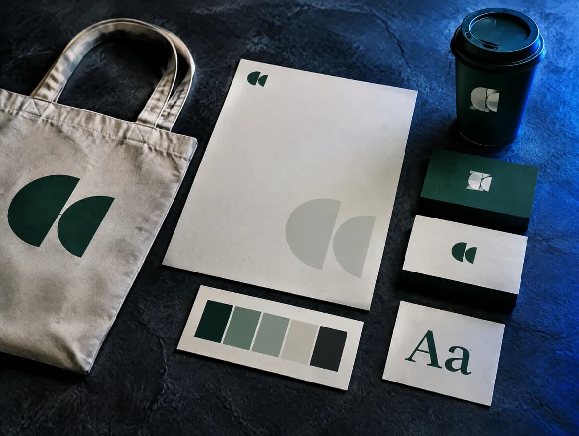 A brand identity on a table: a tote bag, letterhead, business cards and a coffee cup with the same mark, beside a colour card and a type card