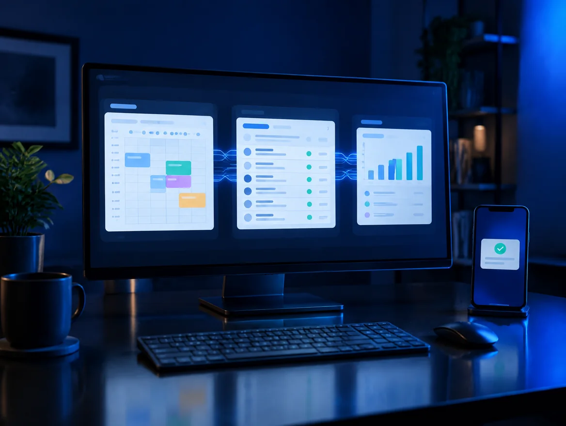 A dashboard with a calendar, an invoice list and a chart joined by blue lines, and a phone with a success notification