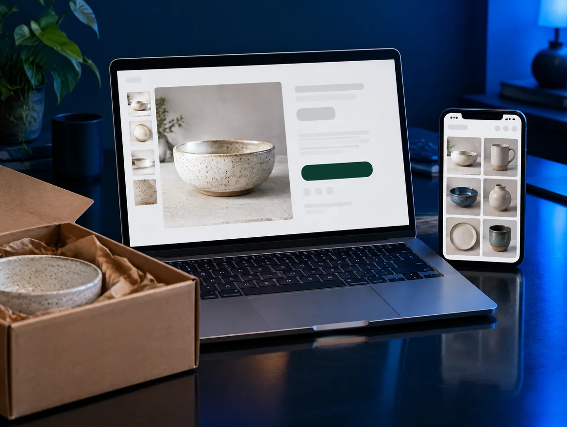 A laptop with a product page of a ceramics shop, a phone with the product overview and a shipping box with a bowl in it
