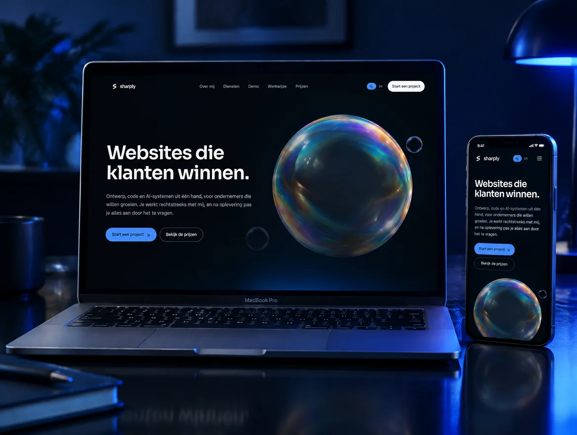 A laptop and phone showing this site's homepage: the headline 'Websites die klanten winnen' beside a glass bubble