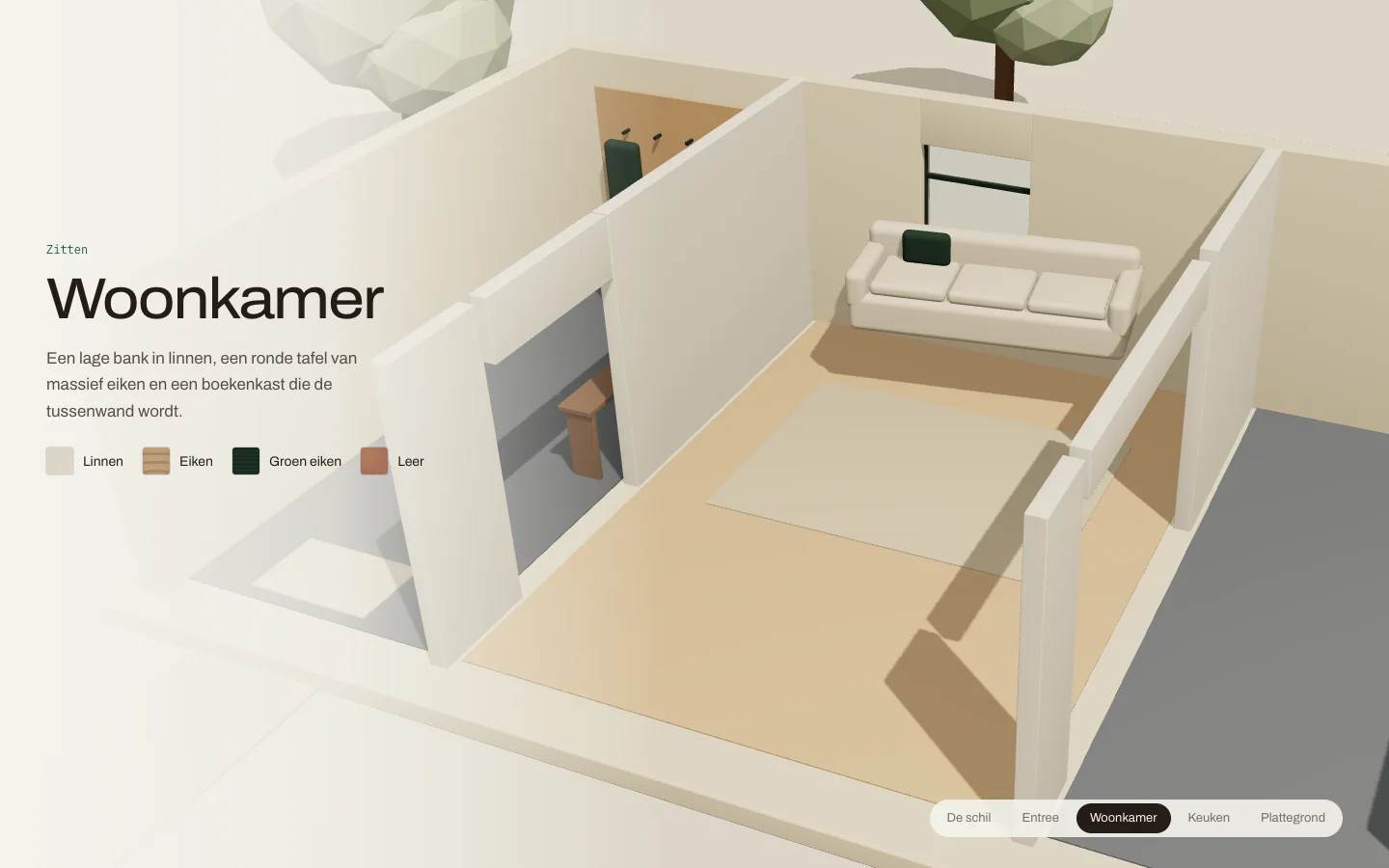 The living room in the Daalwerk maquette, with a sofa, round table and green wardrobe