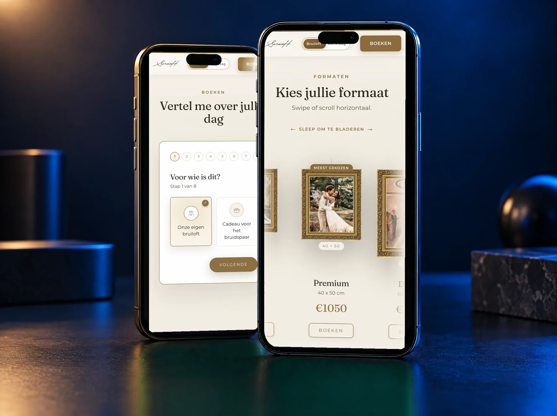 Twee telefoons met het boekingsformulier en de formatenkiezer van Live Wedding Paintings