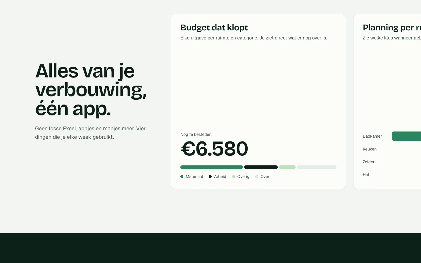 Renofloww feature cards: the budget with the amount left to spend and the planning per room
