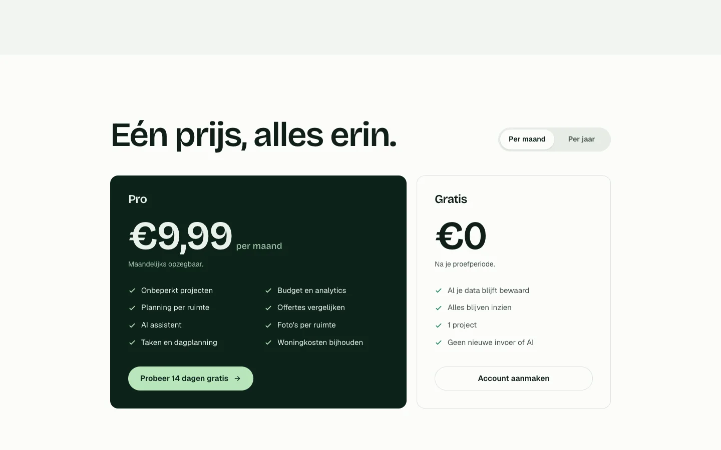 The Renofloww pricing page with the Pro subscription beside the free version