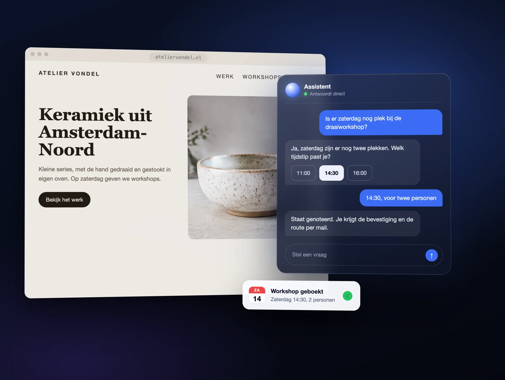 De site van een keramiekatelier met een assistent ernaast die een workshop inplant, en een melding dat de afspraak geboekt is