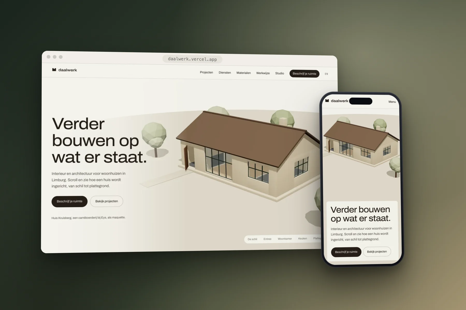 De homepage van Daalwerk: een maquette van een carréboerderij naast de kop 'Verder bouwen op wat er staat'