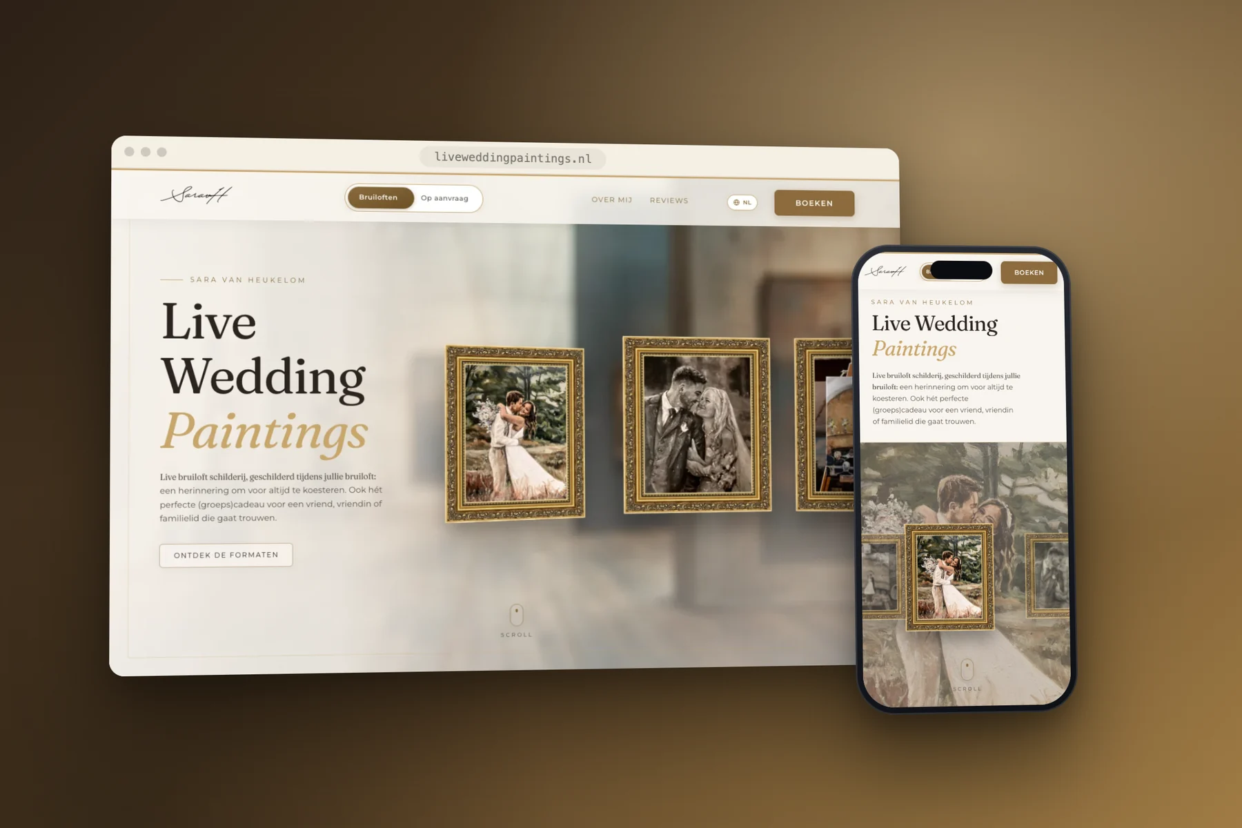 De homepage van Live Wedding Paintings: drie schilderijen in gouden lijsten naast de naam in een sierlijke letter