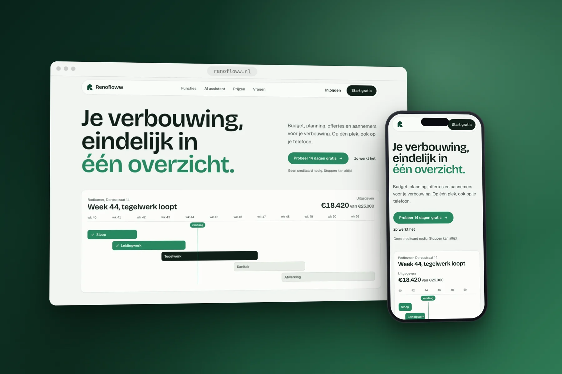 De homepage van Renofloww: de kop 'Je verbouwing, eindelijk in één overzicht' boven een weekplanning van een badkamer